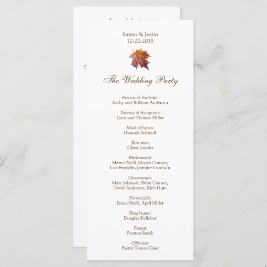Herfst bruiloft Waterverf Leaf Rackckard Programma (Voorkant / Achterkant)