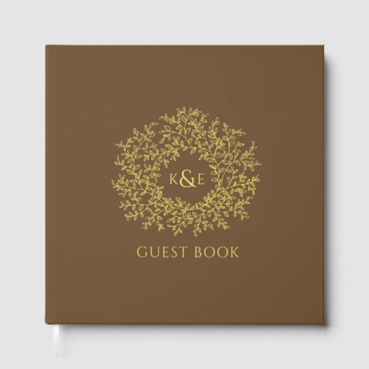 Herfst bruin bladgoud monogram bruiloft gastenboek (Voorkant)