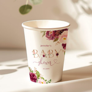 Herfst burgundy bloemen babyshower papieren bekers