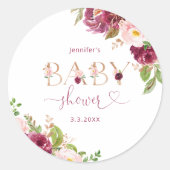 Herfst burgundy goud bloem baby shower ronde sticker (Voorkant)