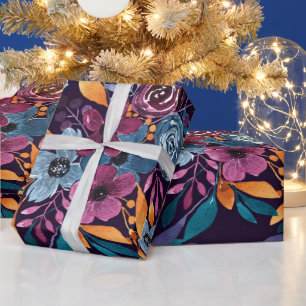 Herfst Burgundy Navy Mustard Waterverf Flowers Art Cadeaupapier