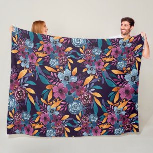 Herfst Burgundy Navy Mustard Waterverf Flowers Art Fleece Deken