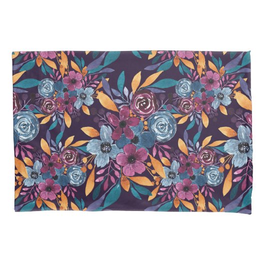Herfst Burgundy Navy Mustard Waterverf Flowers Art Kussensloop (Voorkant)