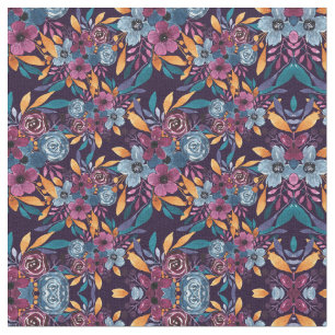 Herfst Burgundy Navy Mustard Waterverf Flowers Art Stof