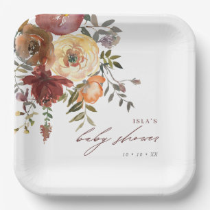 Herfst Burgundy & Oranje Flowers Baby shower Papieren Bordje