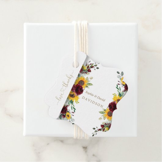 Herfst Burgundy Rozen Zonnebloemen bruiloft Bedankjes Labels (In situ)