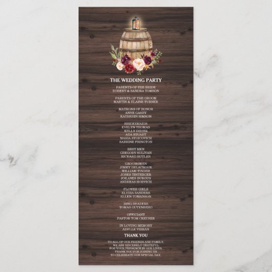 Herfst Burgundy Wine Barrel Floral Wedding Program Programma (Achterkant)