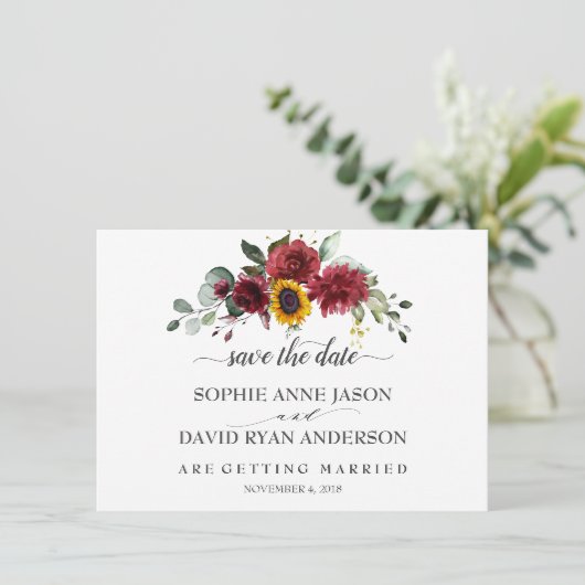 Herfst Burgundy Zonnebloemen Bruiloft Calligrafie Save The Date (Staand voorkant)