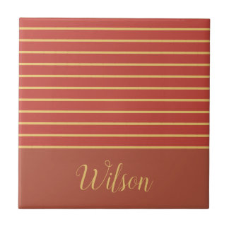 Herfst Burnt Oranje en Gold Achternaam Striped Tegeltje