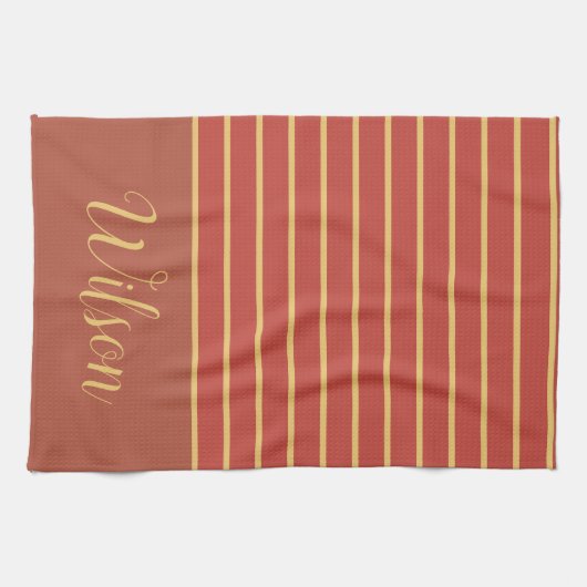 Herfst Burnt Oranje en Gold Achternaam Striped Theedoek (Horizontaal)