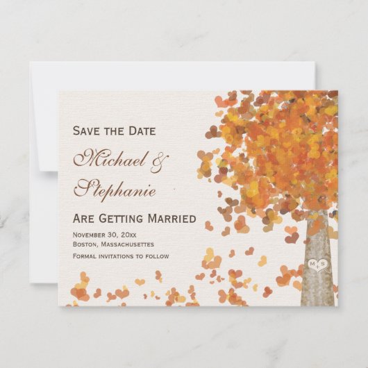 Herfst Carved Initialen Tree Save the Date (Voorkant)