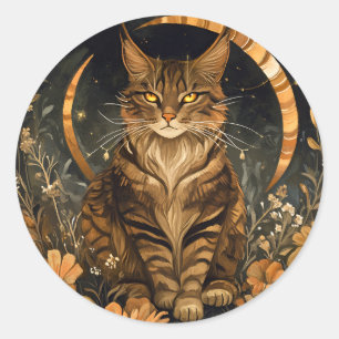 Herfst Cat Moon Golden Flowers Ronde Sticker