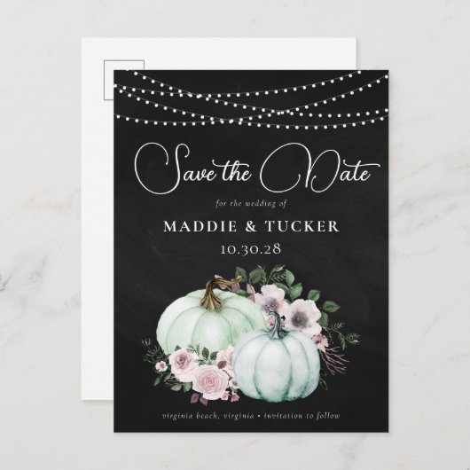 Herfst Chalk Pumpkins String Lights Save the Date Aankondigingskaart (Voorkant / Achterkant)
