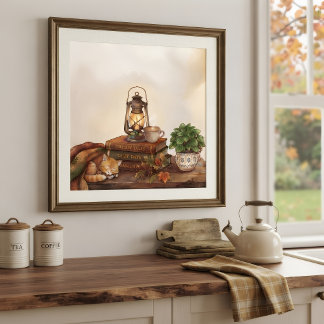 Herfst Cottage Hygge, Slapende Kitten & Stoomende Poster