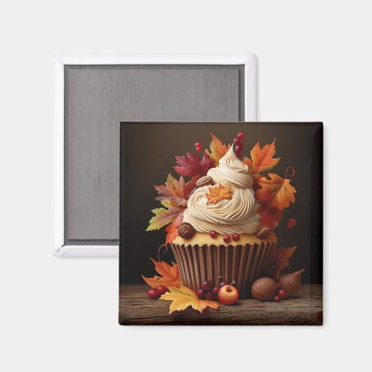 Herfst Cupcake met kleurrijke herfstbladeren Magneet (Voorkant / Achterkant)