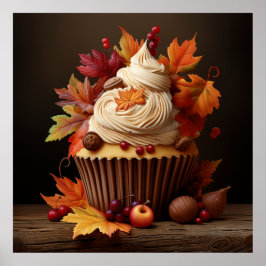 Herfst Cupcake met kleurrijke herfstbladeren Poster