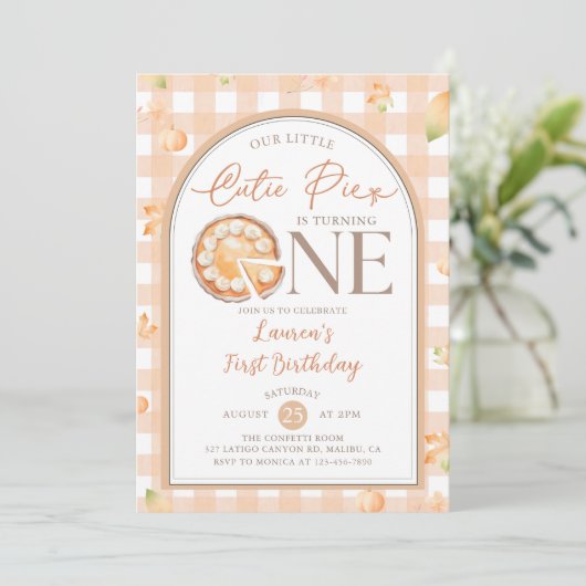 Herfst Cutie Pie Pumpkin Gingham 1e verjaardag Kaart (Staand voorkant)