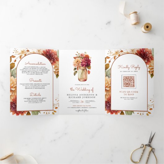 Herfst Dahlia Bloemen Mason Jar QR Code Bruiloft Drieluik Uitnodiging (Binnen)