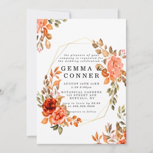 Herfst Dark Red Oranje Floral Gold Wedding Invitae (Voorkant)