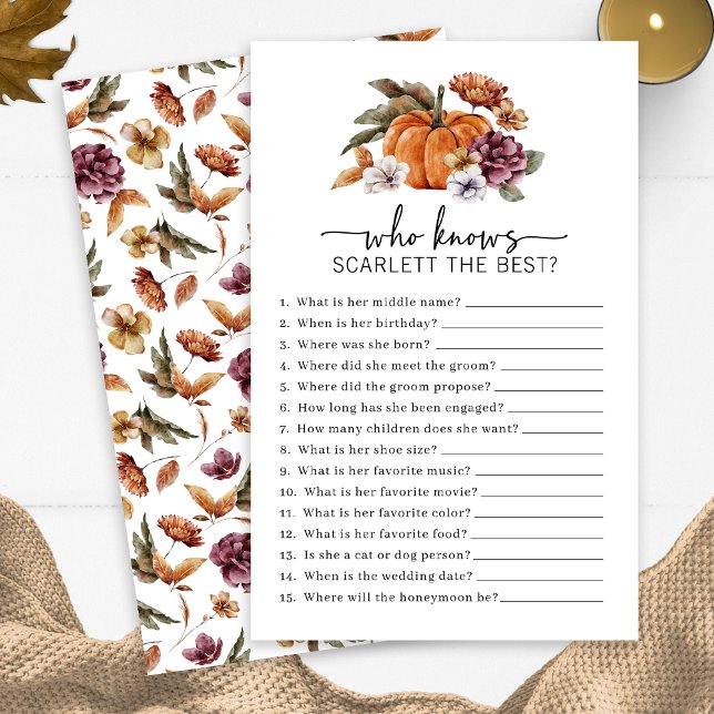 Herfst die het bruidsspel kent (Fall Who Knows The Bride Game Fall In Love Bridal Shower Pumpkin Florals by Painted Paperie)