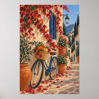 Herfst dorpsstraat met fiets en pompoenen poster