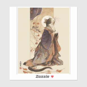 "Herfst Droom" Japanse Kat in Kimono Kunst Sticker