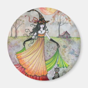 Herfst Droomheks en Kat Halloween Kunst Magneet