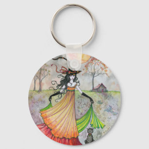 Herfst Droomheks en Kat Halloween Kunst Sleutelhanger