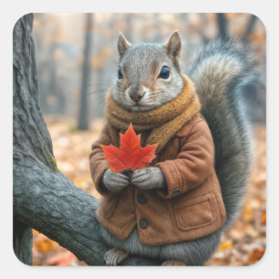 Herfst Eekhoorn Met Een Rode Maple Leaf Vierkante Sticker