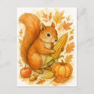Herfst Eekhoorn met Mais Thanksgiving Ansichtkaart Feestdagenkaart