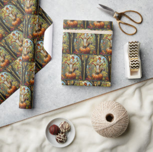 Herfst Eekhoorn op Pompoen Glas in Lood Kunst Cadeaupapier