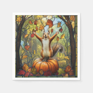 Herfst Eekhoorn op Pompoen Glas in Lood Kunst Servet