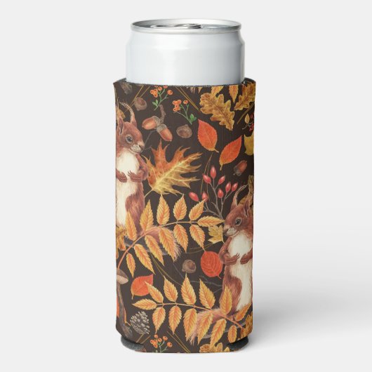 Herfst eekhoorns en flora op donkerbruin (Seltzer Achterkant)