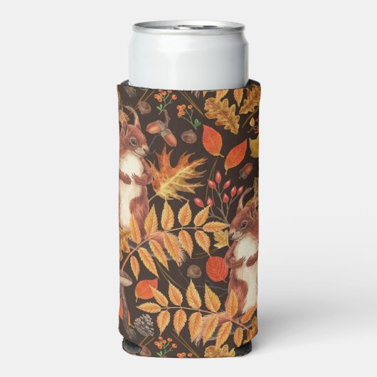 Herfst eekhoorns en flora op donkerbruin (Seltzer Voorkant)