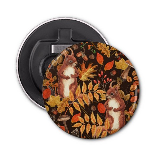 Herfst eekhoorns en flora op donkerbruin button flesopener (Voorkant)