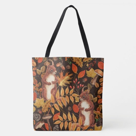 Herfst eekhoorns en flora op donkerbruin draagtas (Voorkant)