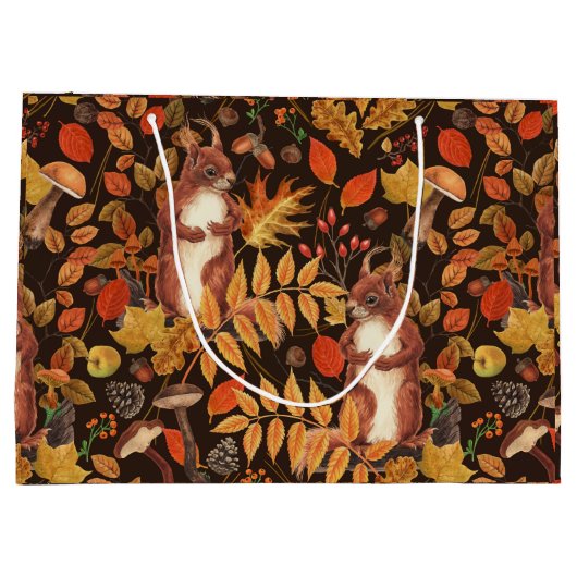 Herfst eekhoorns en flora op donkerbruin groot cadeauzakje (Achterkant)