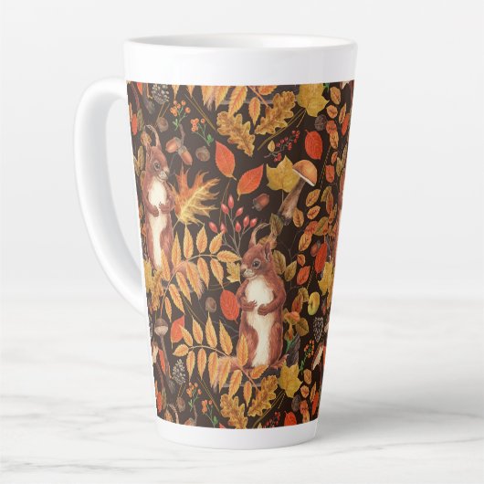 Herfst eekhoorns en flora op donkerbruin latte mok (Linkerhoek)