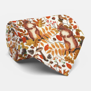 Herfst eekhoorns en herfst flora op off white stropdas