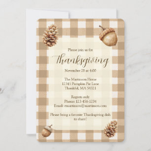 Herfst eikels dennenappels bruin gingham Thanksgiv Kaart