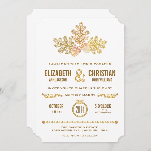 Herfst eikels en eikenbladeren bruiloft uitnodigin kaart (Voorkant / Achterkant)