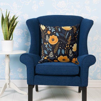 Herfst Elegant Sinaasappel Bloemen Blauw Blauw Bla Kussen