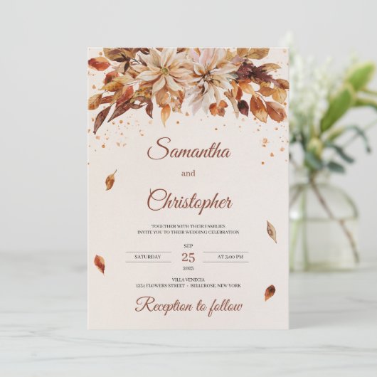 Herfst en herfstbloemen en -bladeren bruiloft kaart (Staand voorkant)