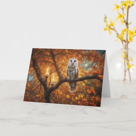 Herfst Equinox Mooie Uil Kaarsen en Herfst Kaart (Gele Bloem)