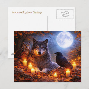 Herfst Equinox Wolf Uil Raaf Maan Briefkaart