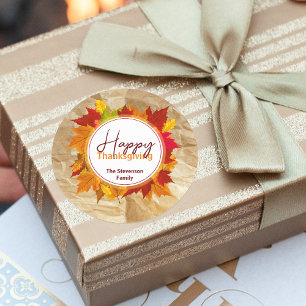 Herfst esdoorn bladeren op papier textuur Thanksgi Ronde Sticker