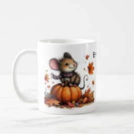 Herfst Esthetische Schattigee Muis met Pompoen en Koffiemok