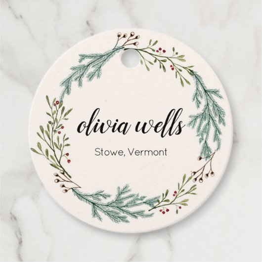 Herfst Evergreen Wreath Signature Script Clothing Bedankjes Labels (Voorkant)