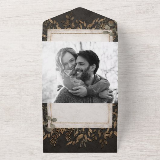 Herfst Fairytale Bronze Botanische lekkages bruilo All In One Uitnodiging (Buitenkant)