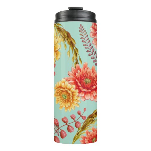 Herfst Floral Blue Background Thermosbeker (Voorkant)